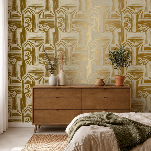 Raffia Curve Wallpaper in Beige with Gold Foil