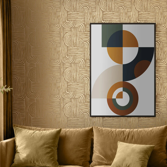 Raffia Curve Wallpaper in Caramel Latte with Gold Foil