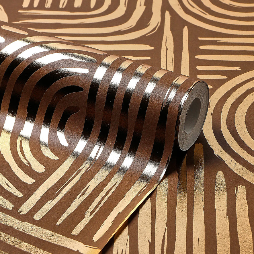 Raffia Curve Wallpaper in Chocolate with Gold Foil