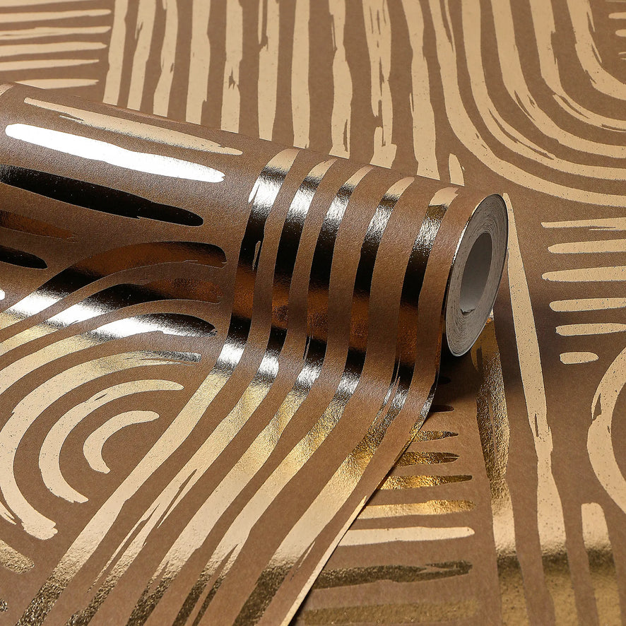 Raffia Curve Wallpaper in Mocha with Gold Foil