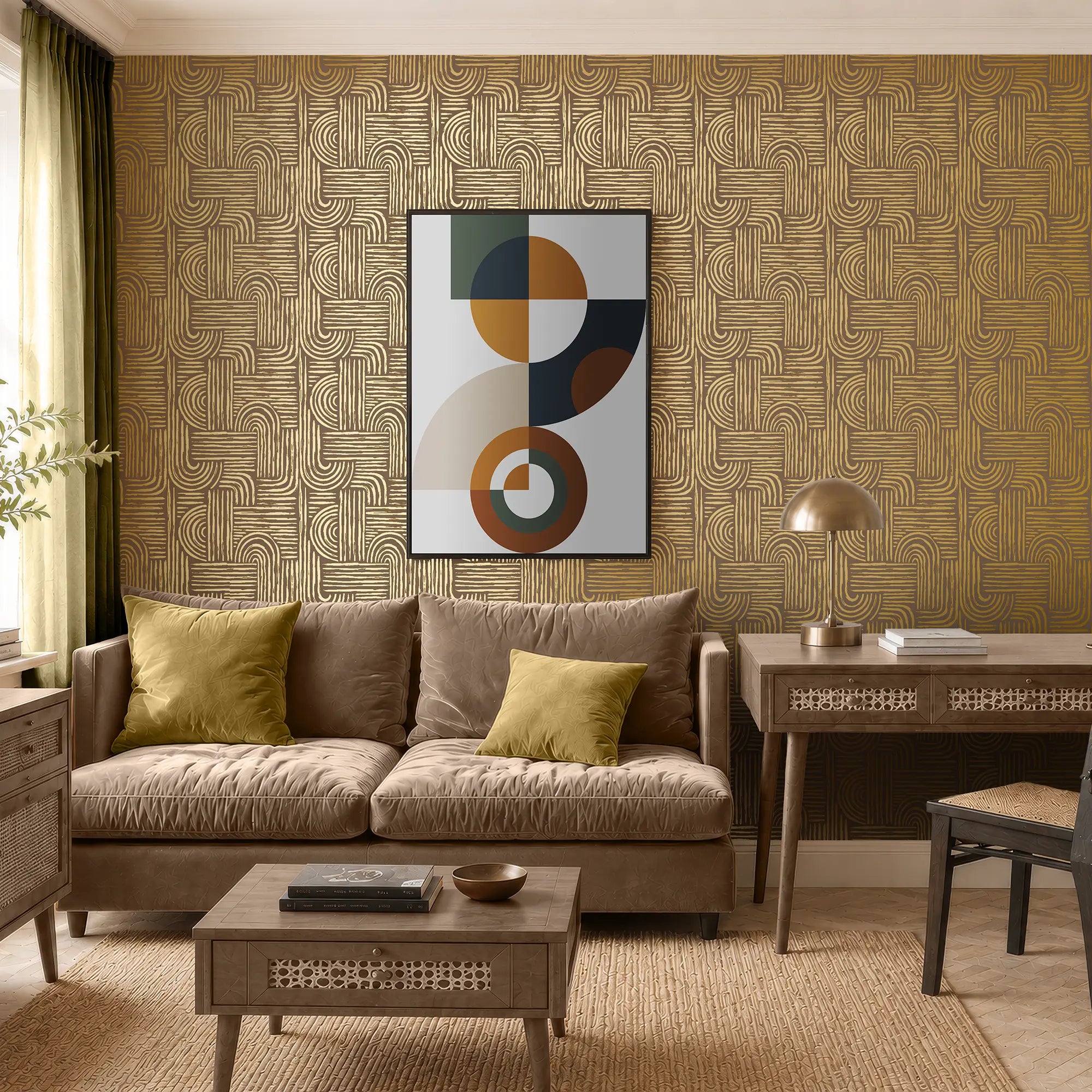 Raffia Curve Wallpaper in Mocha with Gold Foil