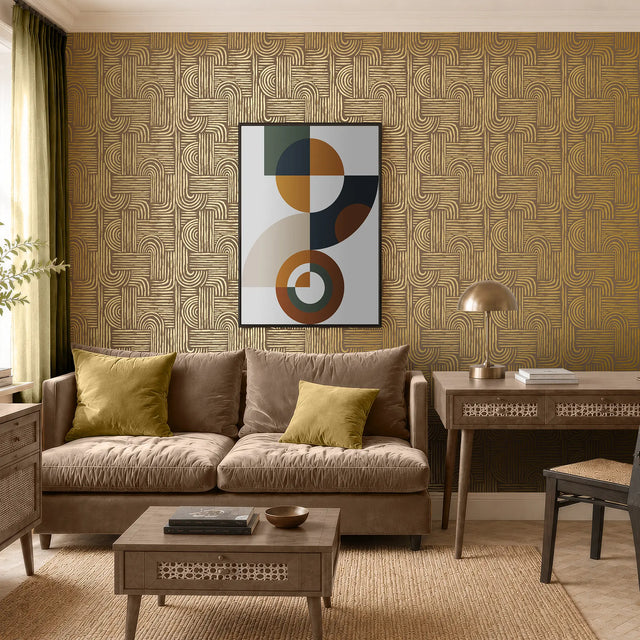 Raffia Curve Wallpaper in Mocha with Gold Foil