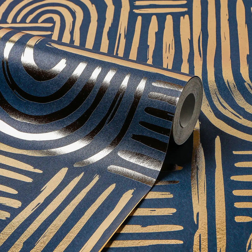 Raffia Curve Wallpaper in Navy with Gold Foil