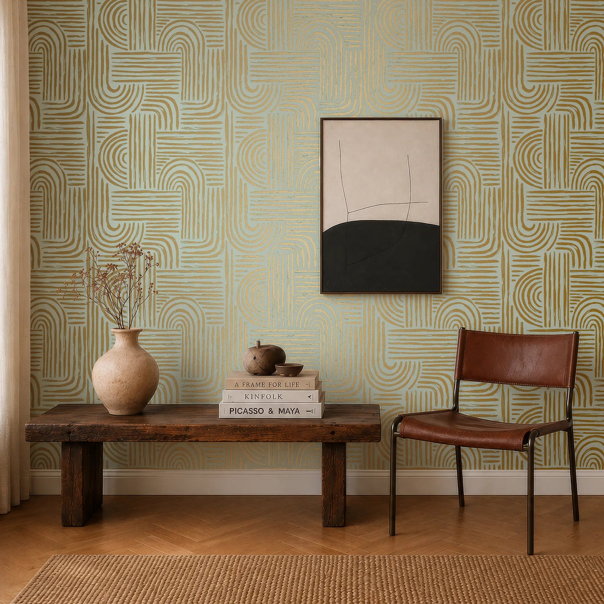Raffia Curve Wallpaper in Pale Green with Gold Foil