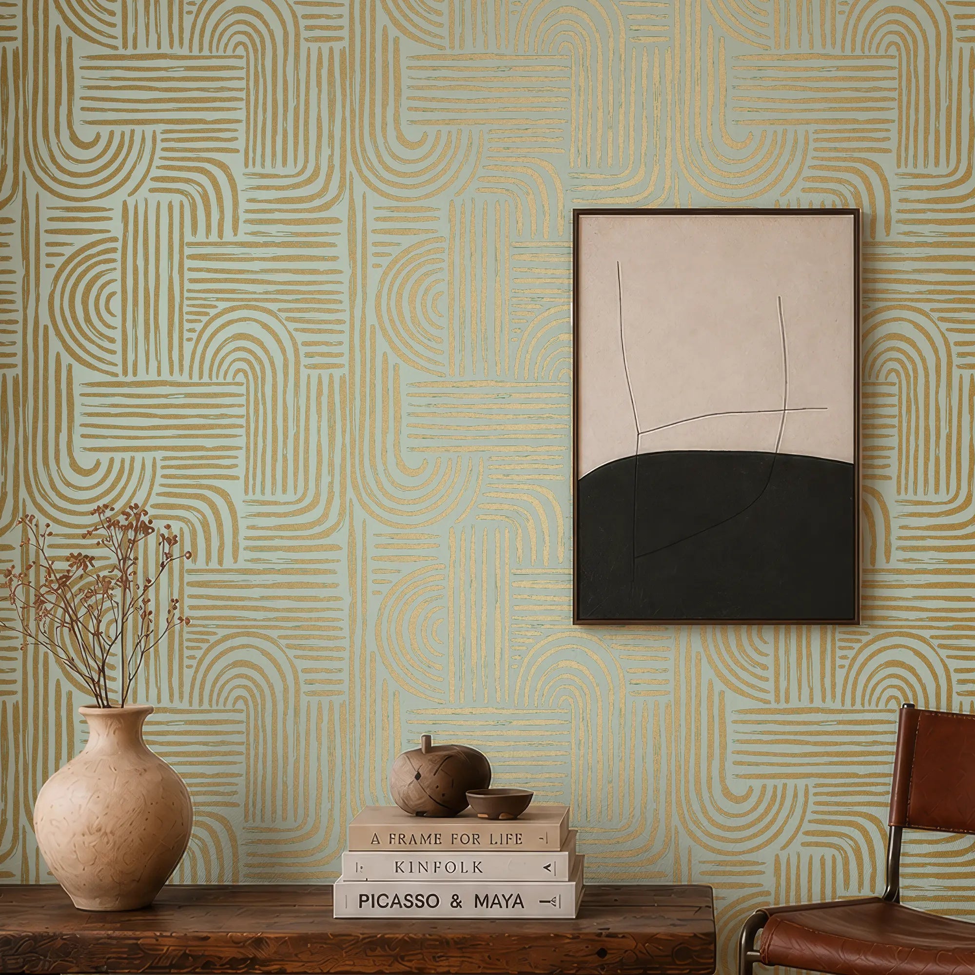 Raffia Curve Wallpaper in Pale Green with Gold Foil