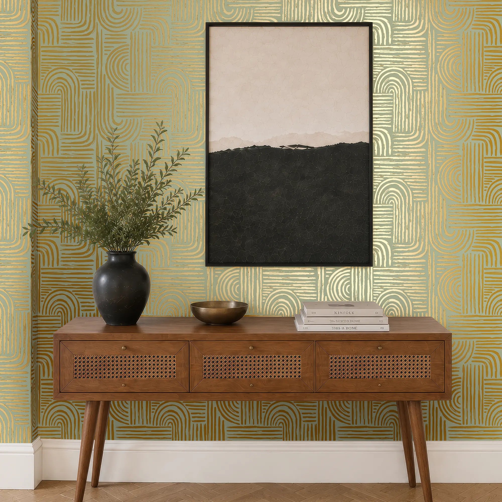 Raffia Curve Wallpaper in Sage Green with Gold Foil