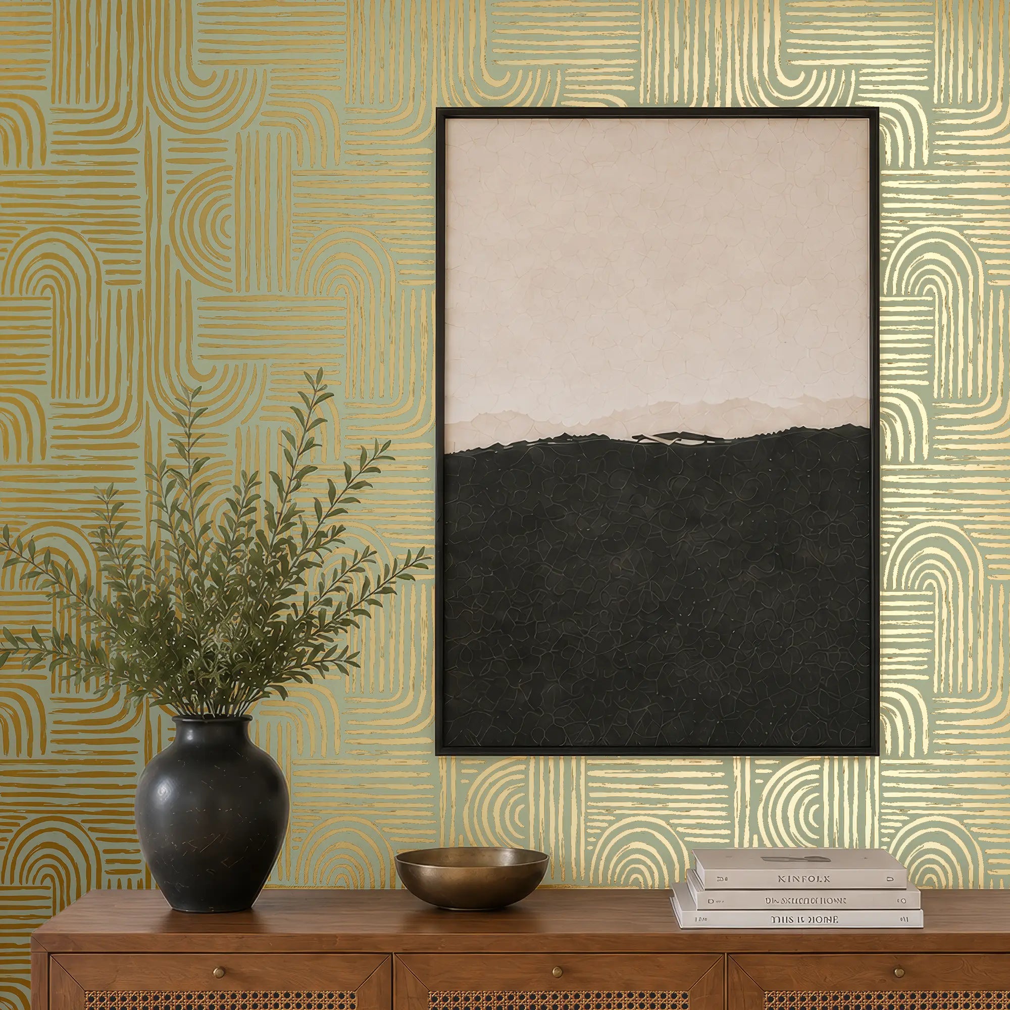 Raffia Curve Wallpaper in Sage Green with Gold Foil