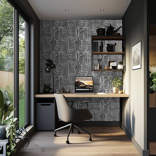 Raffia Curves Wallpaper in Charcoal on White
