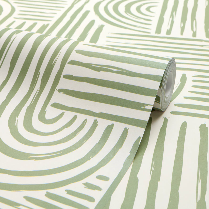 Raffia Curves Wallpaper in Pistachio on Cream
