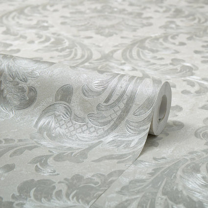 Rani Damask Metallic Wallpaper in Ivory with Silver Sparkle