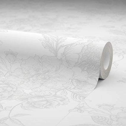 Romantic Roses Wallpaper in Grey on White