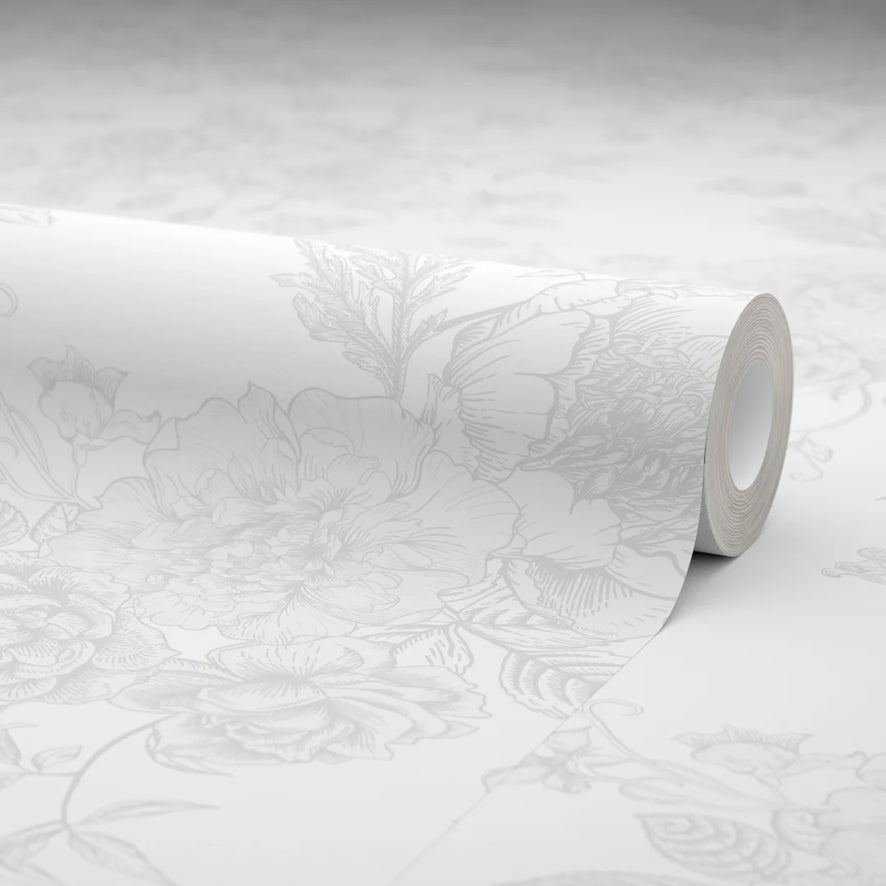 Romantic Roses Wallpaper in Grey on White