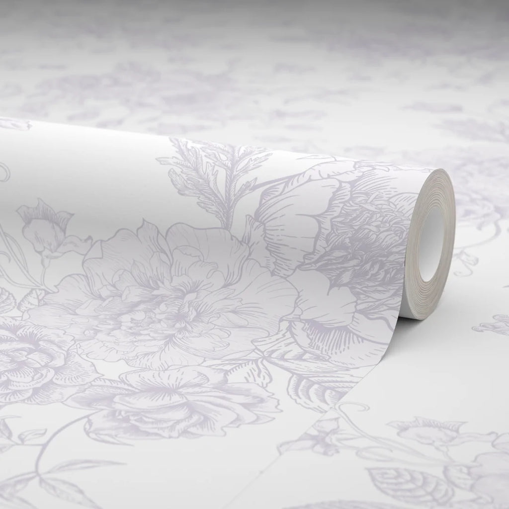 Romantic Roses Wallpaper in Lavender on White