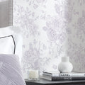 Romantic Roses Wallpaper in Lavender on White