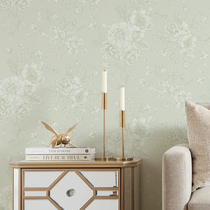 Romantic Roses Wallpaper in Sage