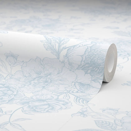 Romantic Roses Wallpaper in Soft Blue on White