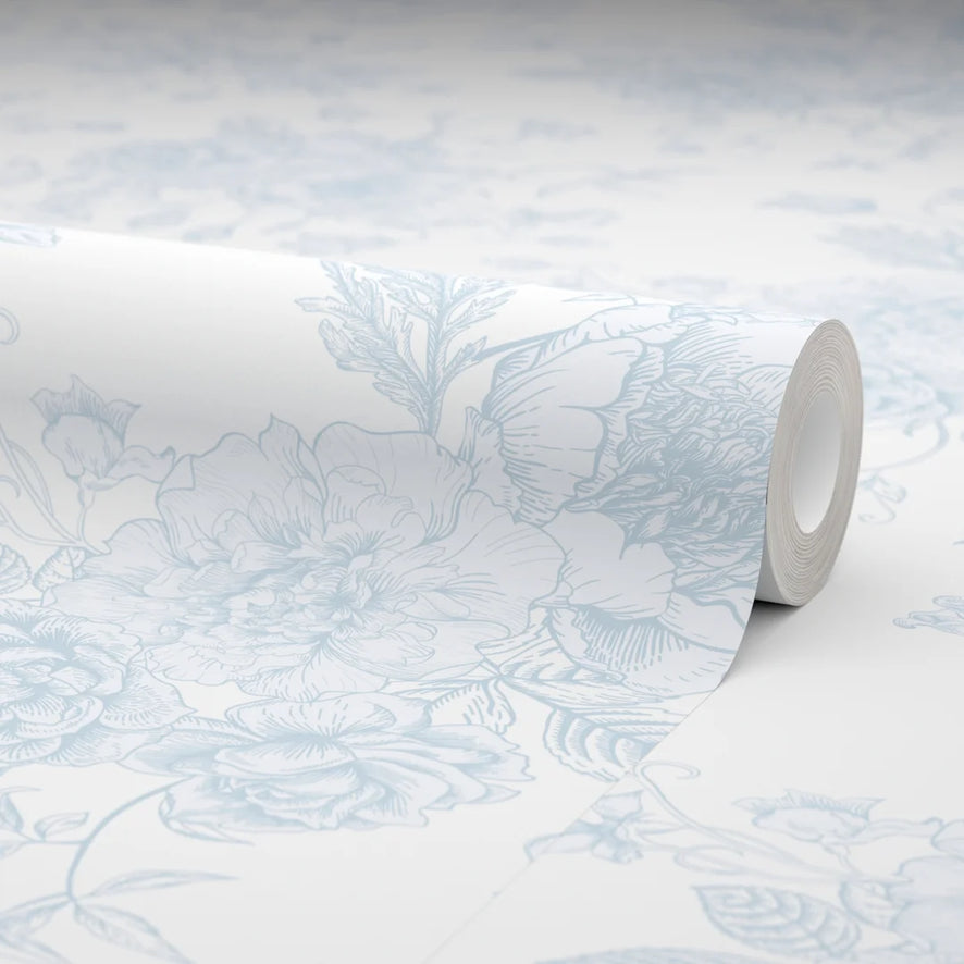 Romantic Roses Wallpaper in Soft Blue on White