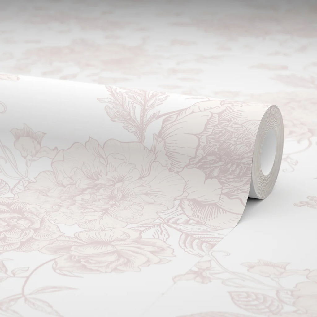 Romantic Roses Wallpaper in Soft Pink on White