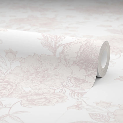 Romantic Roses Wallpaper in Soft Pink on White