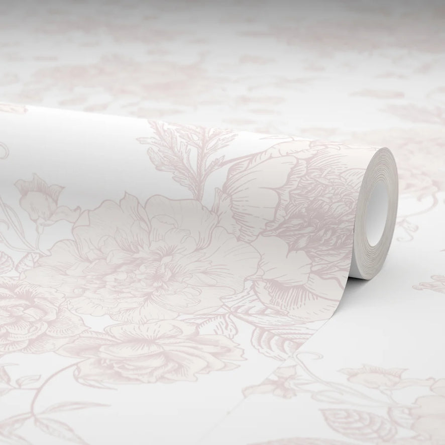 Romantic Roses Wallpaper in Soft Pink on White