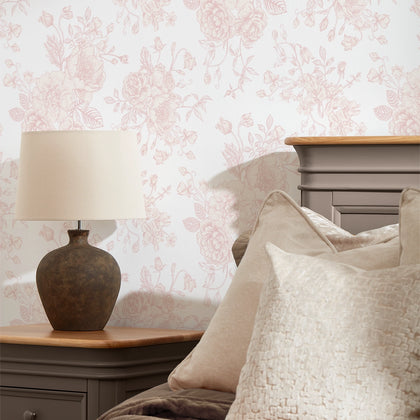 Romantic Roses Wallpaper in Soft Pink on White