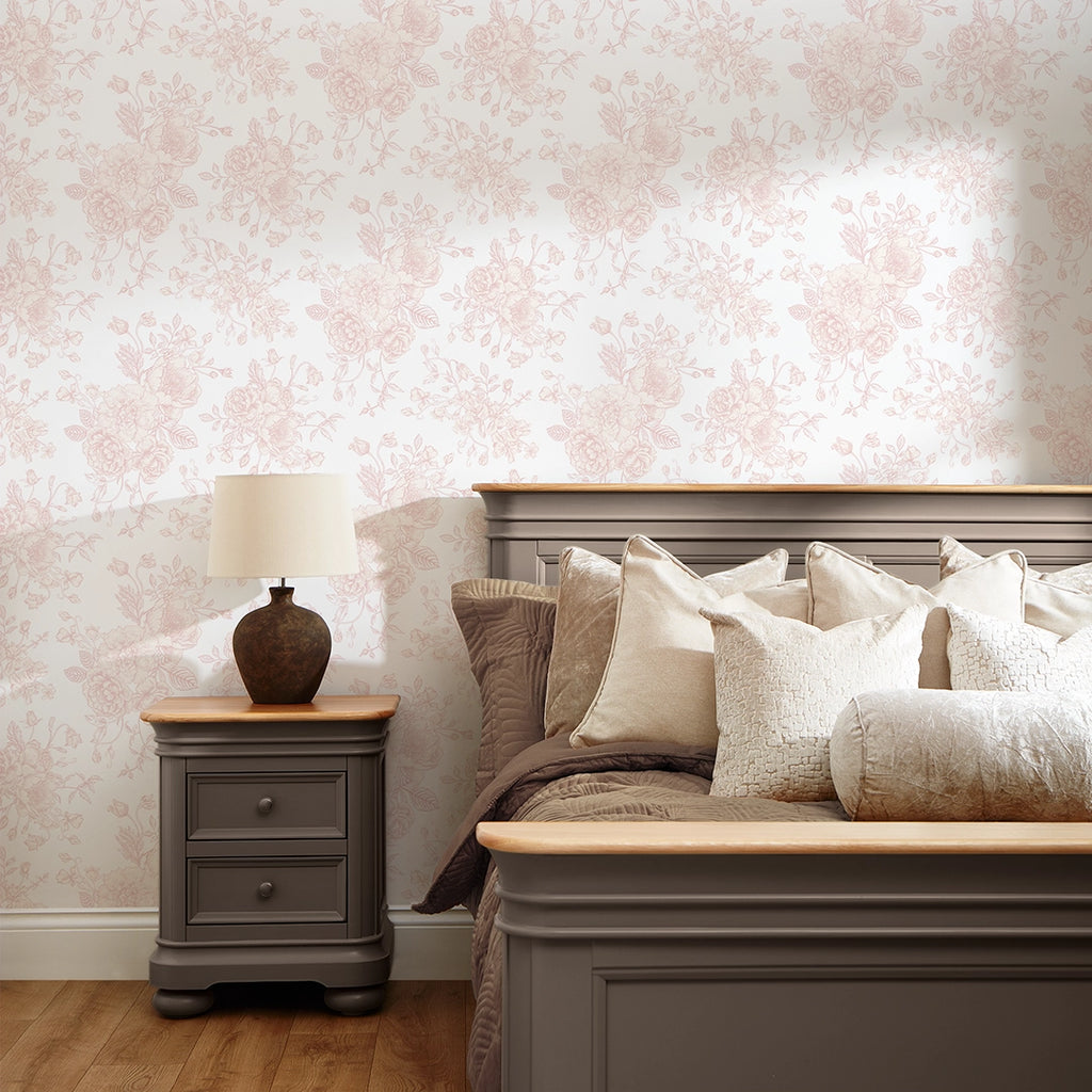 Romantic Roses Wallpaper in Soft Pink on White