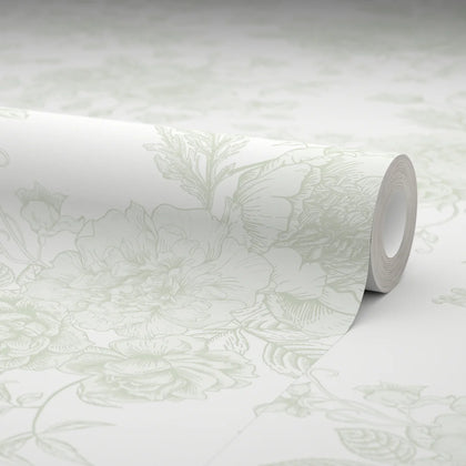 Romantic Roses Wallpaper in Soft Sage on White