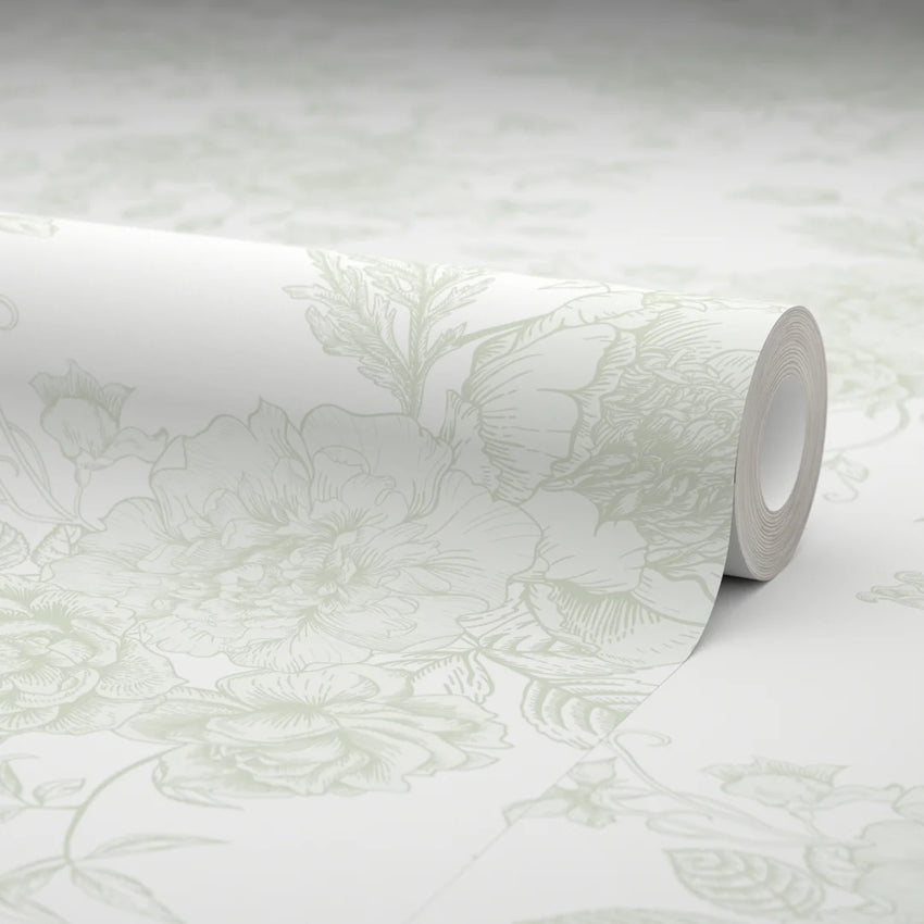 Romantic Roses Wallpaper in Soft Sage on White