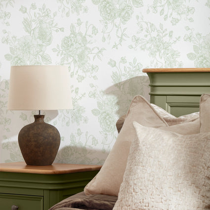 Romantic Roses Wallpaper in Soft Sage on White