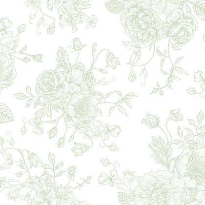 Romantic Roses Wallpaper in Soft Sage on White