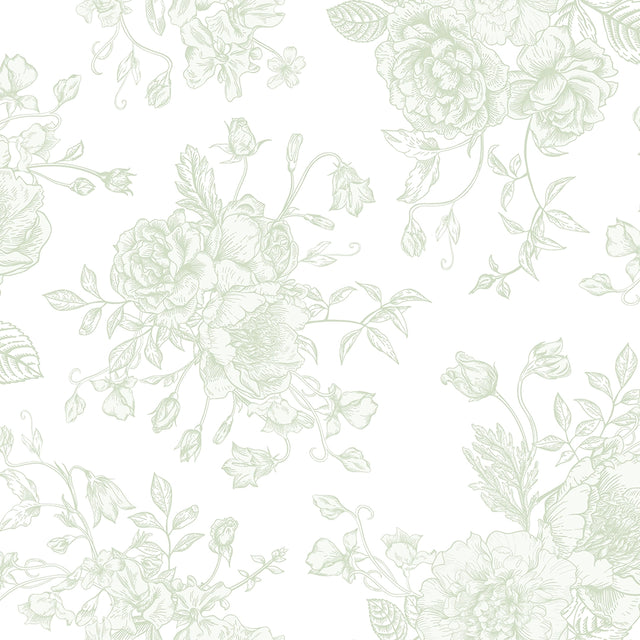 Romantic Roses Wallpaper in Soft Sage on White