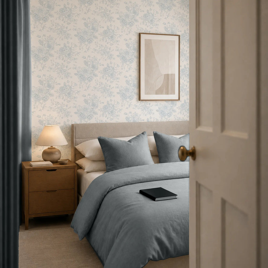 Romantic Roses Wallpaper in Soft Blue on White
