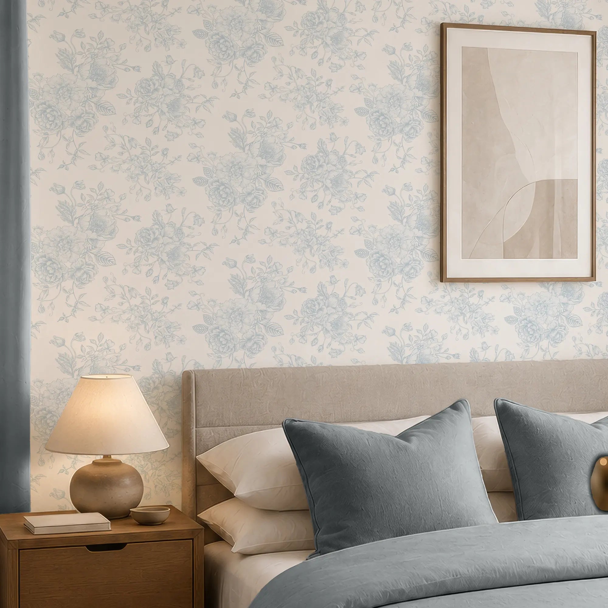 Romantic Roses Wallpaper in Soft Blue on White
