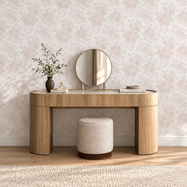 Romantic Roses Wallpaper in Soft Pink on White