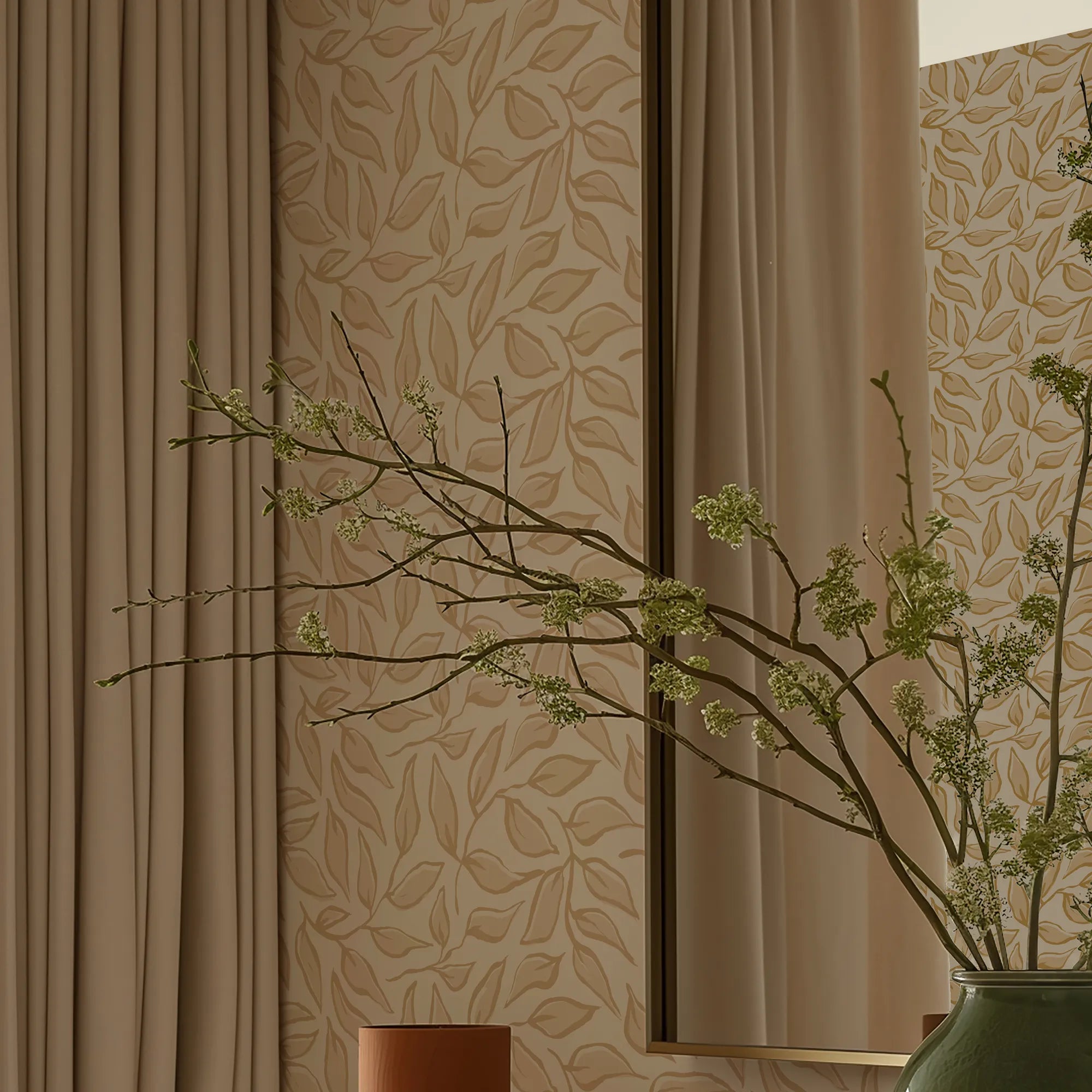 Scattered Leaf Wallpaper in Caramel Latte