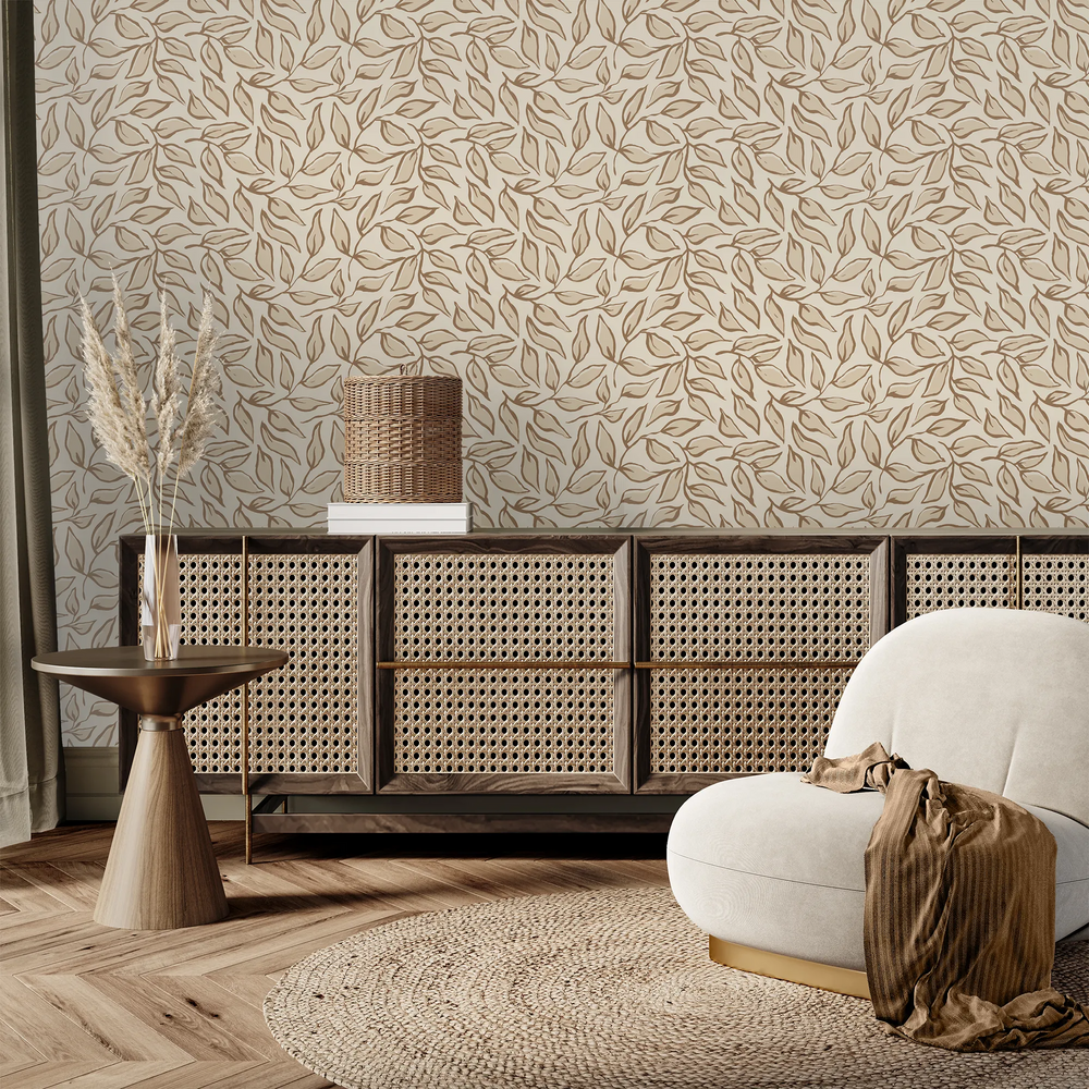 Scattered Leaf Wallpaper in Mocha