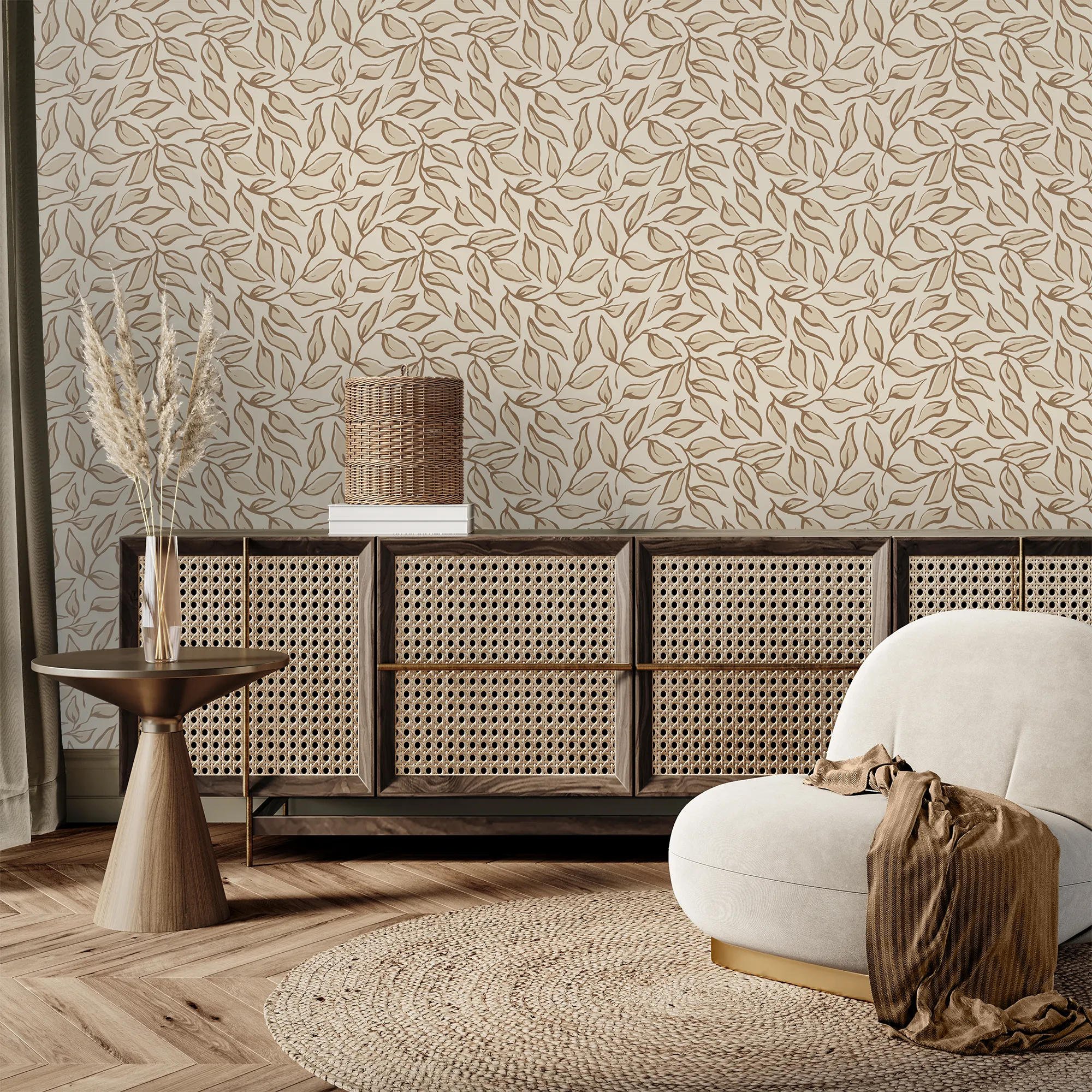 Scattered Leaf Wallpaper in Mocha