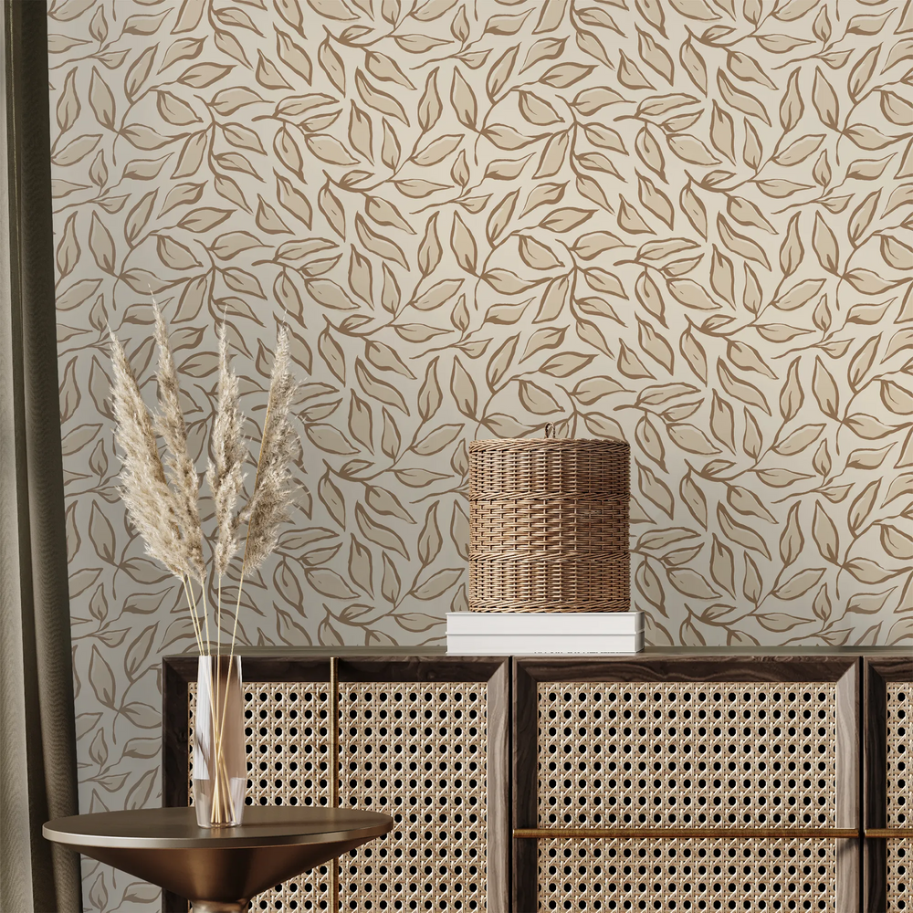 Scattered Leaf Wallpaper in Mocha