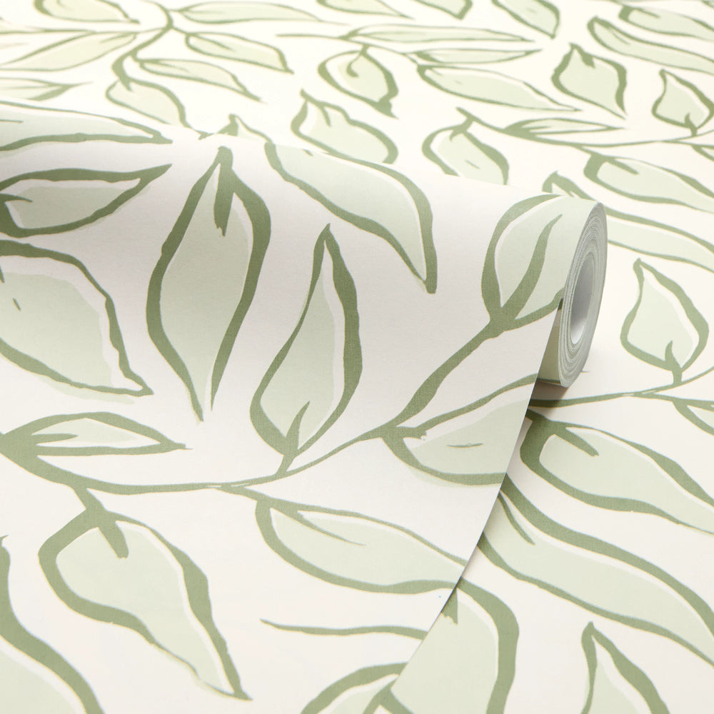 Scattered Leaf Wallpaper in Pistachio on Cream