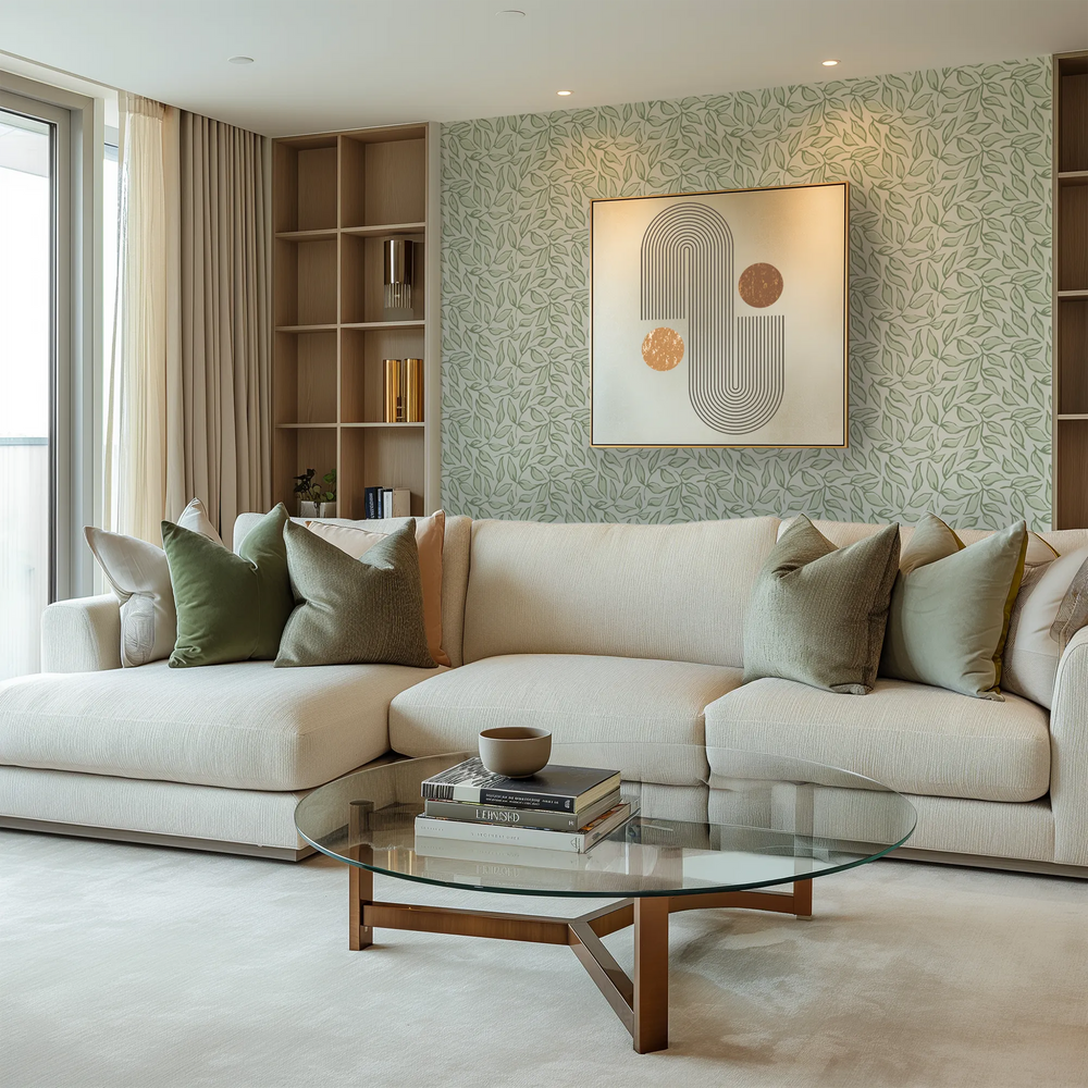 Scattered Leaf Wallpaper in Pistachio on Cream
