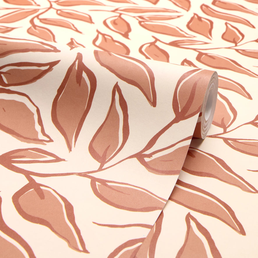 Scattered Leaf Wallpaper in Terracotta on Cream