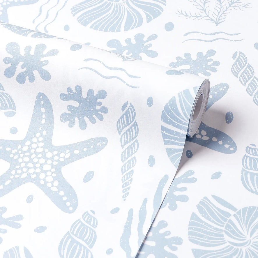 Seastars and Seashells Wallpaper in Blue