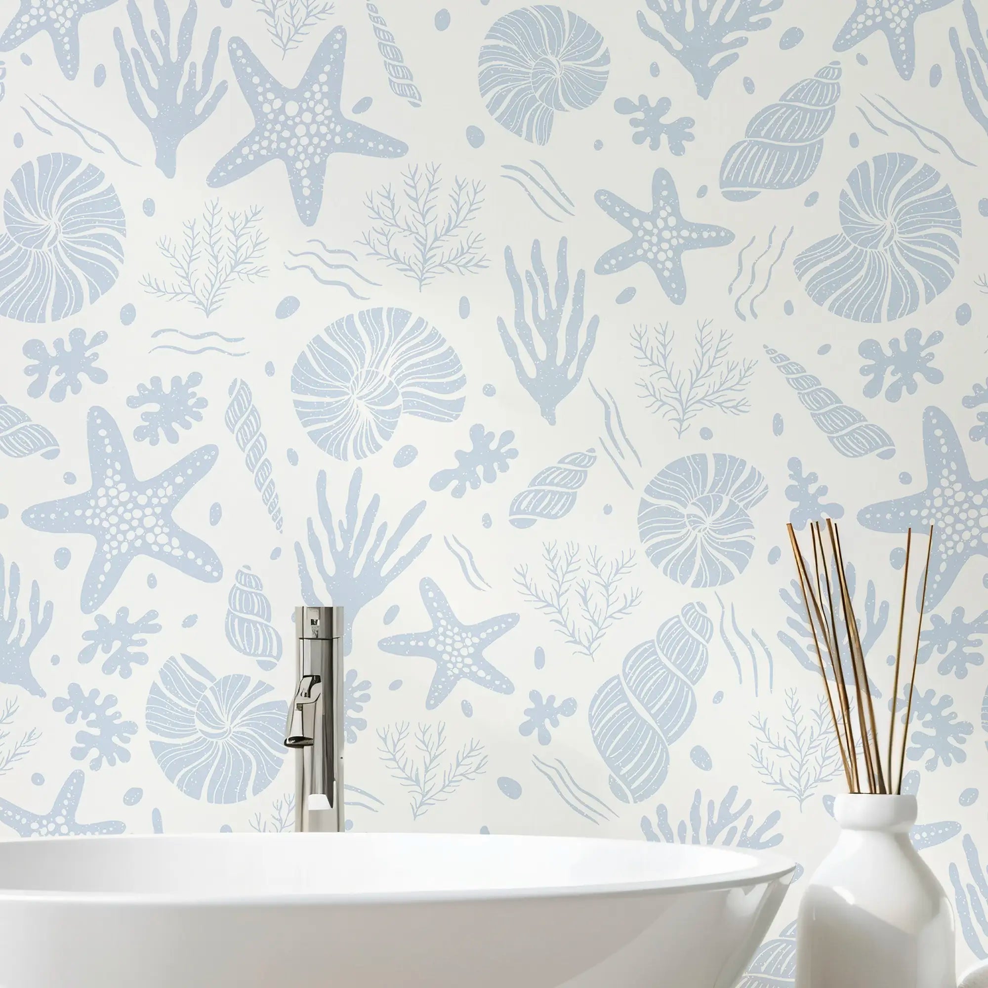 Seastars and Seashells Wallpaper in Blue