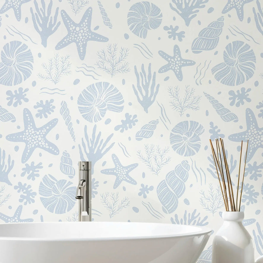 Seastars and Seashells Wallpaper in Blue