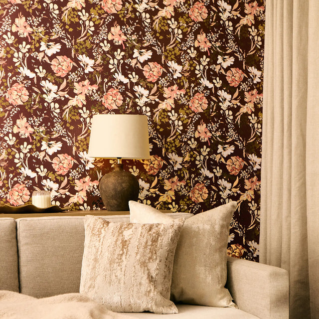 Shadow Garden Wallpaper in Burgundy with Gold Foil