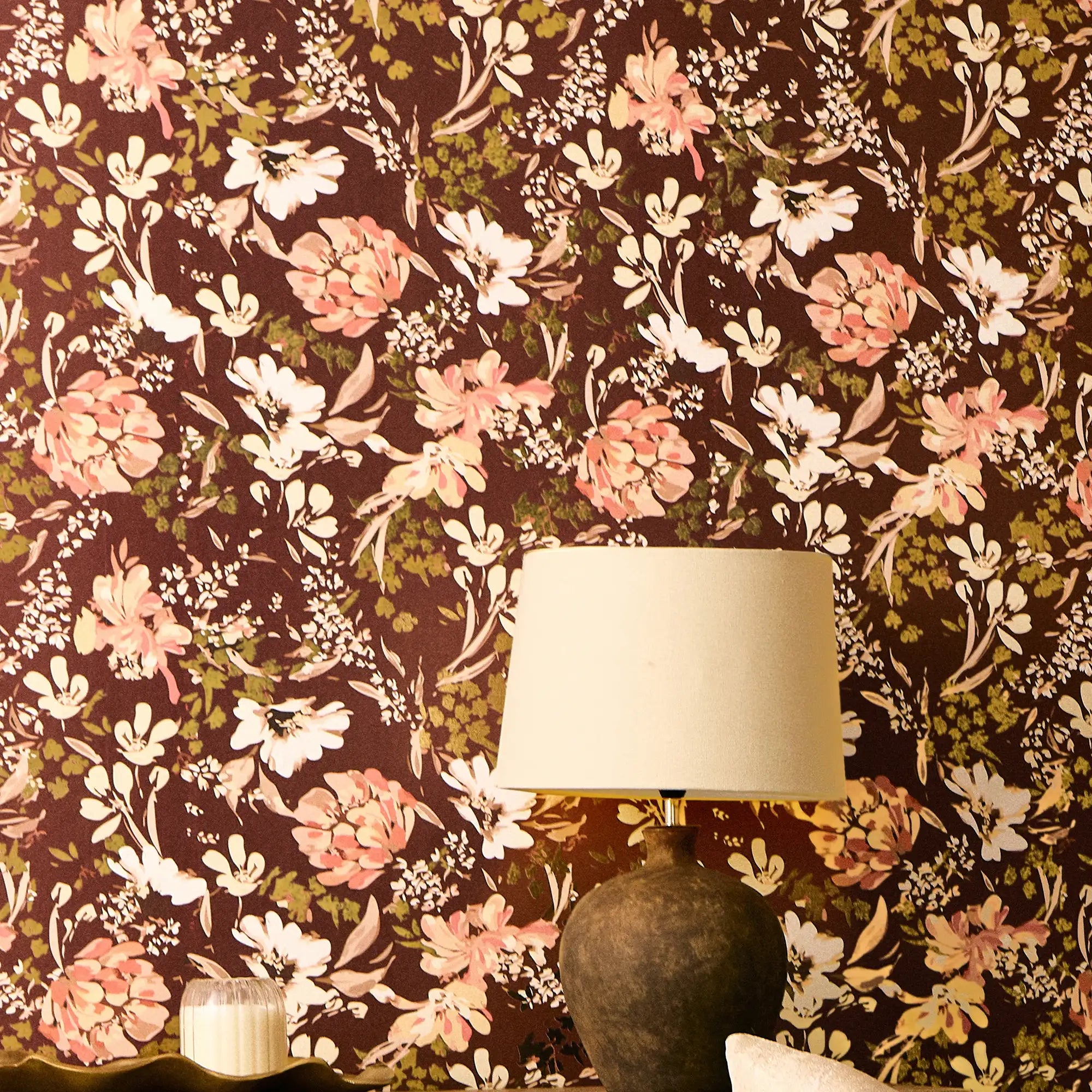 Shadow Garden Wallpaper in Burgundy with Gold Foil