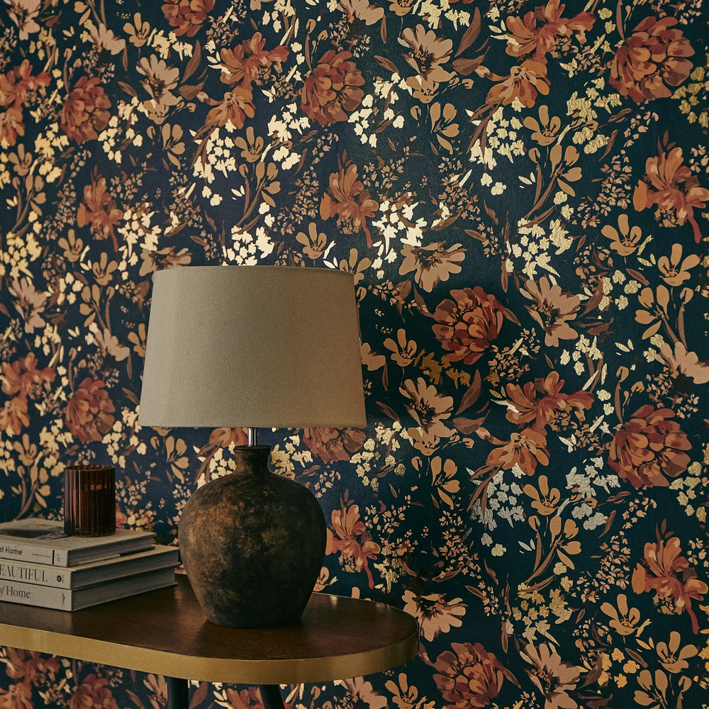 Shadow Garden Wallpaper in Navy with Gold Foil