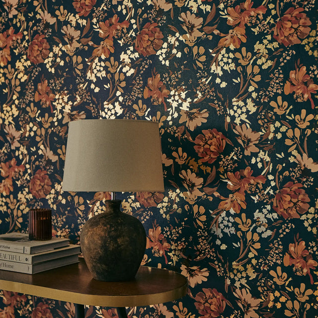 Shadow Garden Wallpaper in Navy with Gold Foil