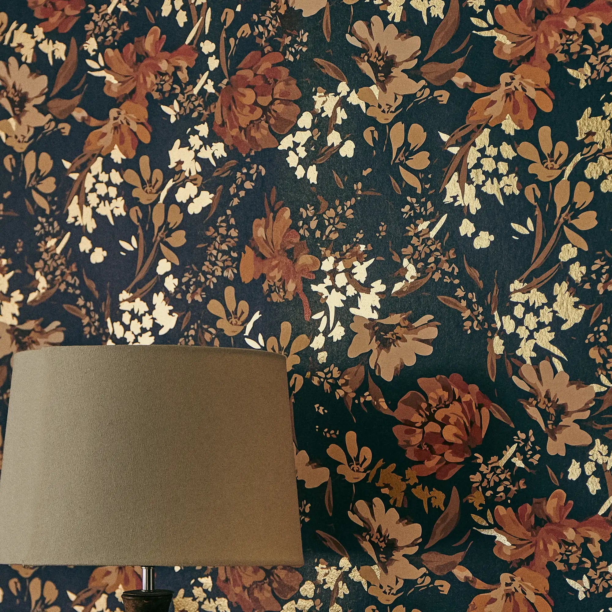 Shadow Garden Wallpaper in Navy with Gold Foil