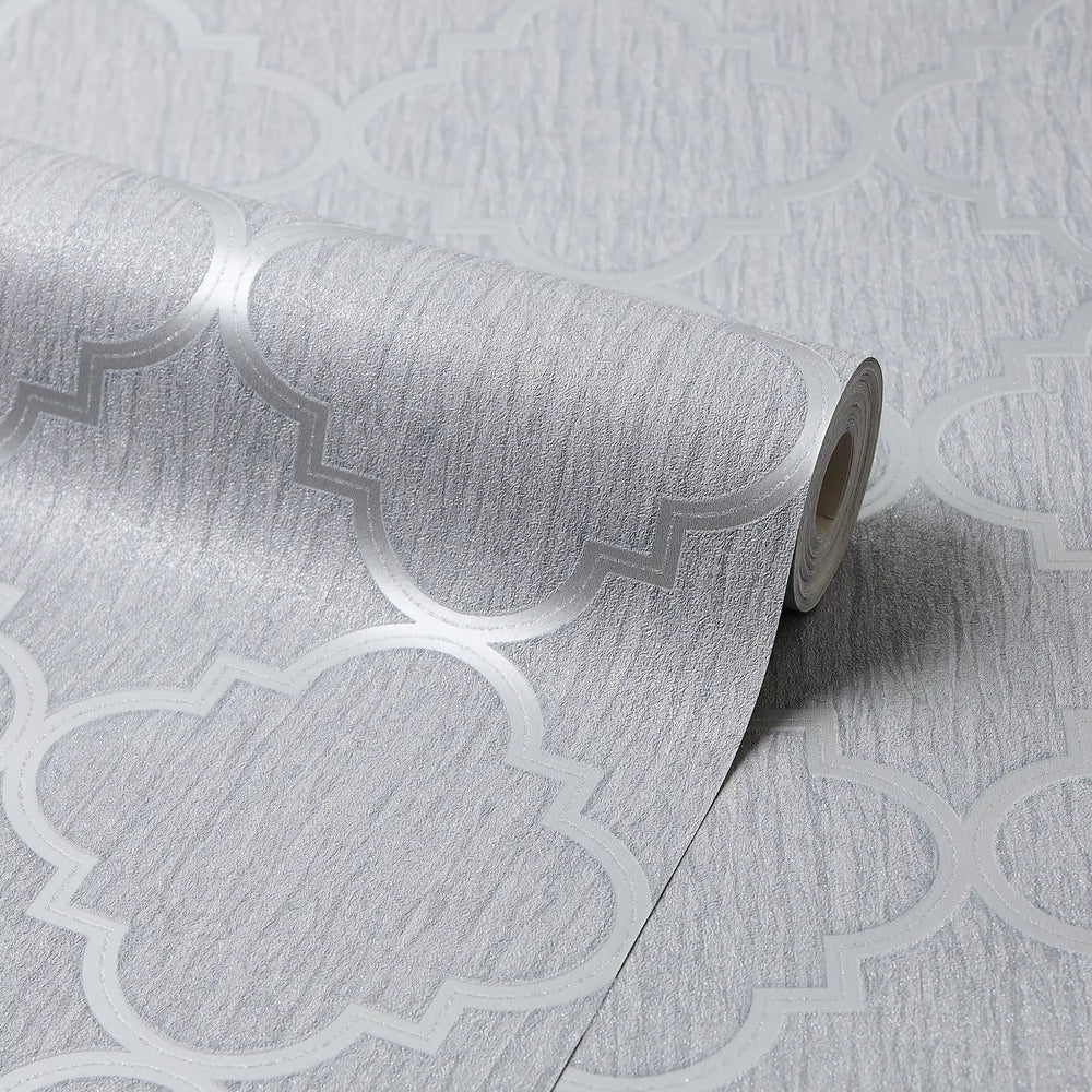 Soho Trellis Wallpaper in Silver with Silver Metallic